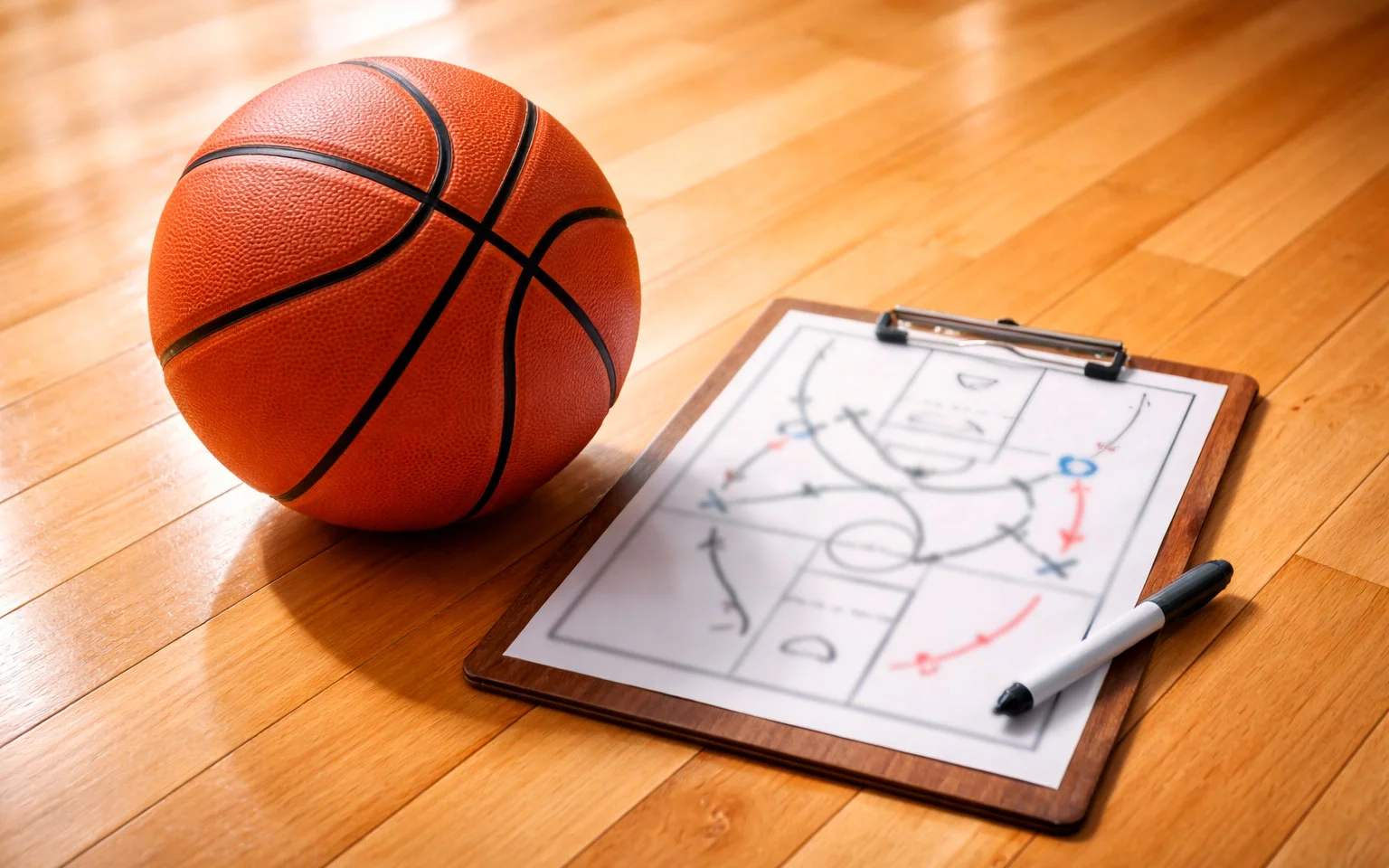 Basketball auf einem Holzparkett neben taktischer Spielaufstellung