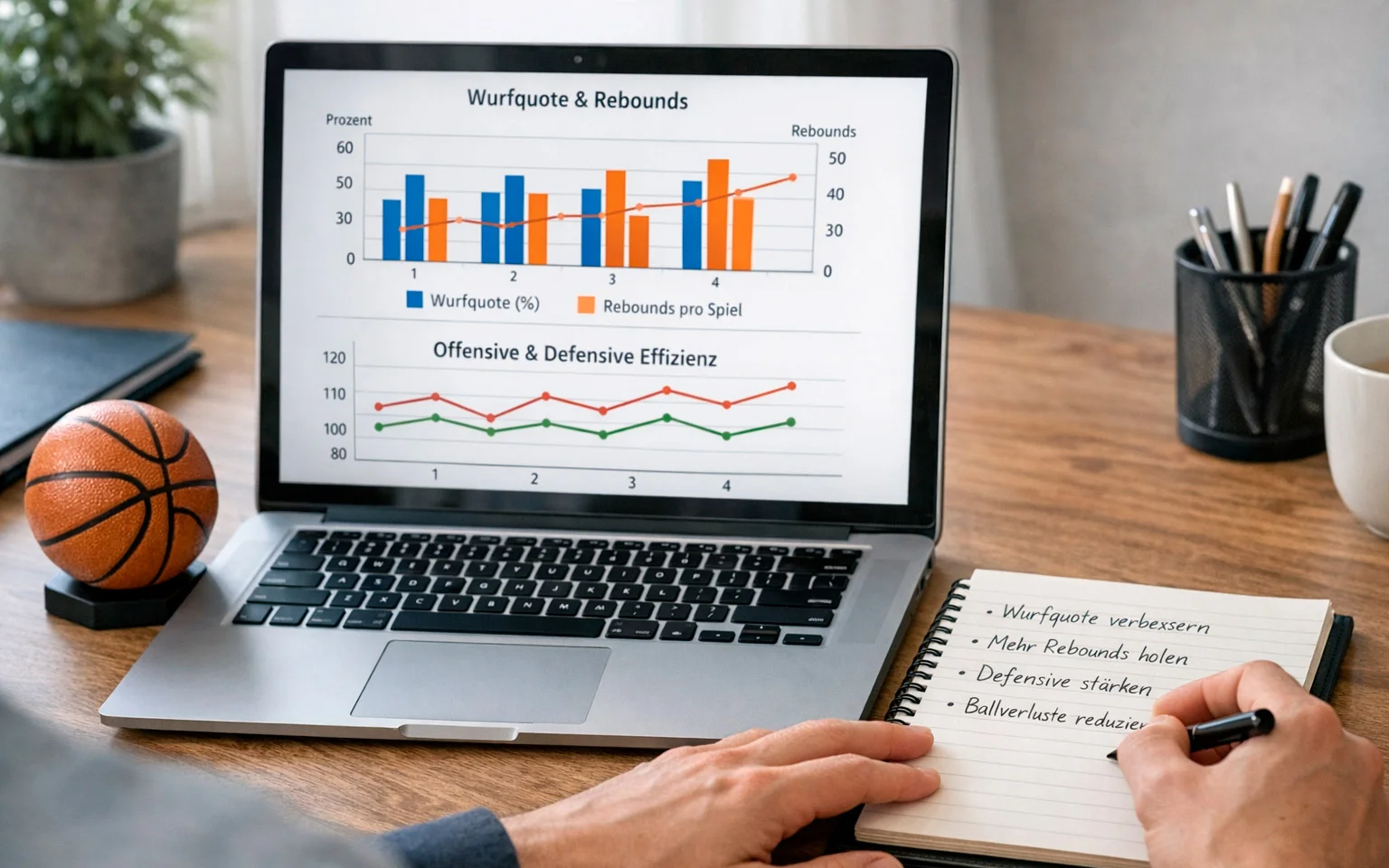 Person analysiert Basketball-Statistiken auf einem Laptop