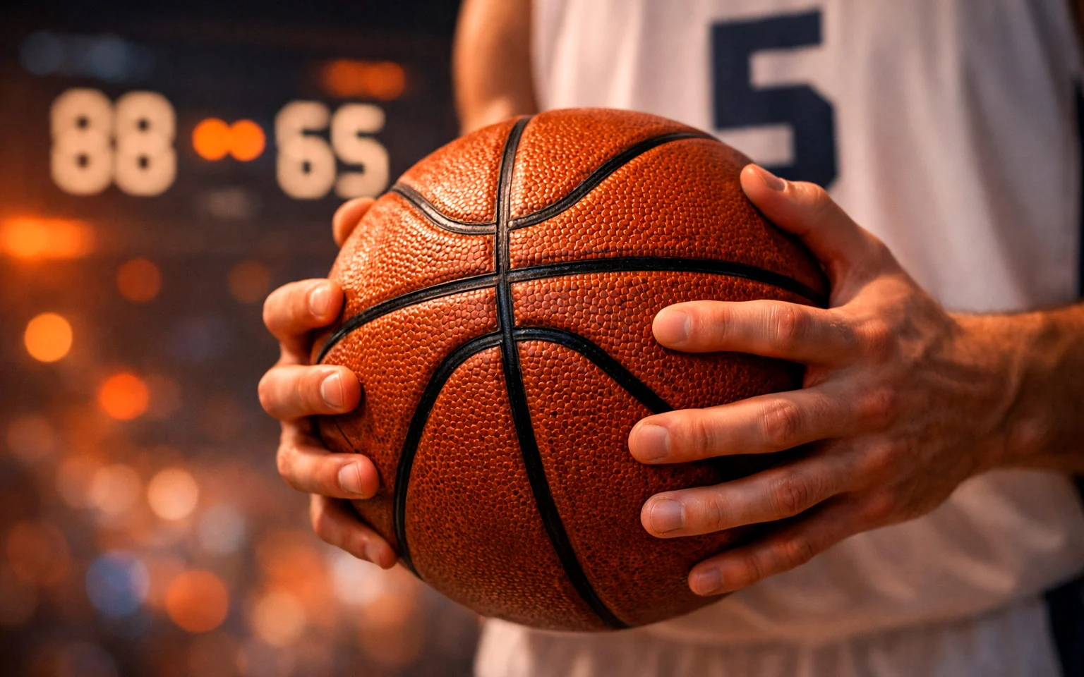 Nahaufnahme eines Basketballs mit Wettquoten-Anzeige im Hintergrund