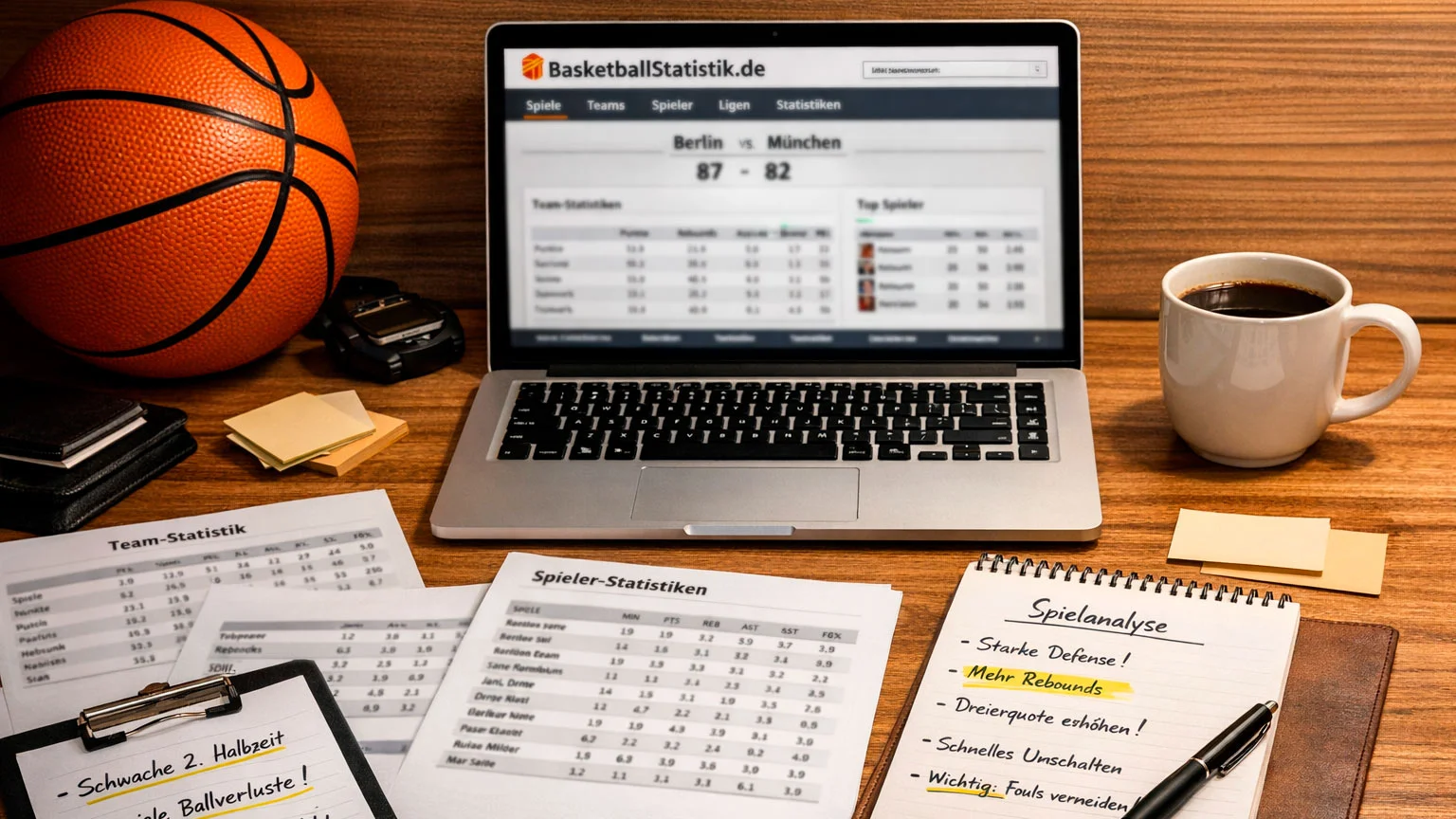 Basketball-Analyse mit Teamstatistiken und Spielernotizen