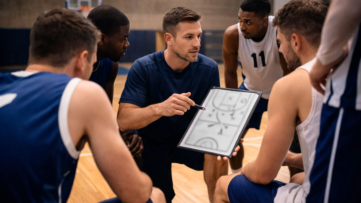 Basketball-Trainer bespricht Taktik mit dem Team