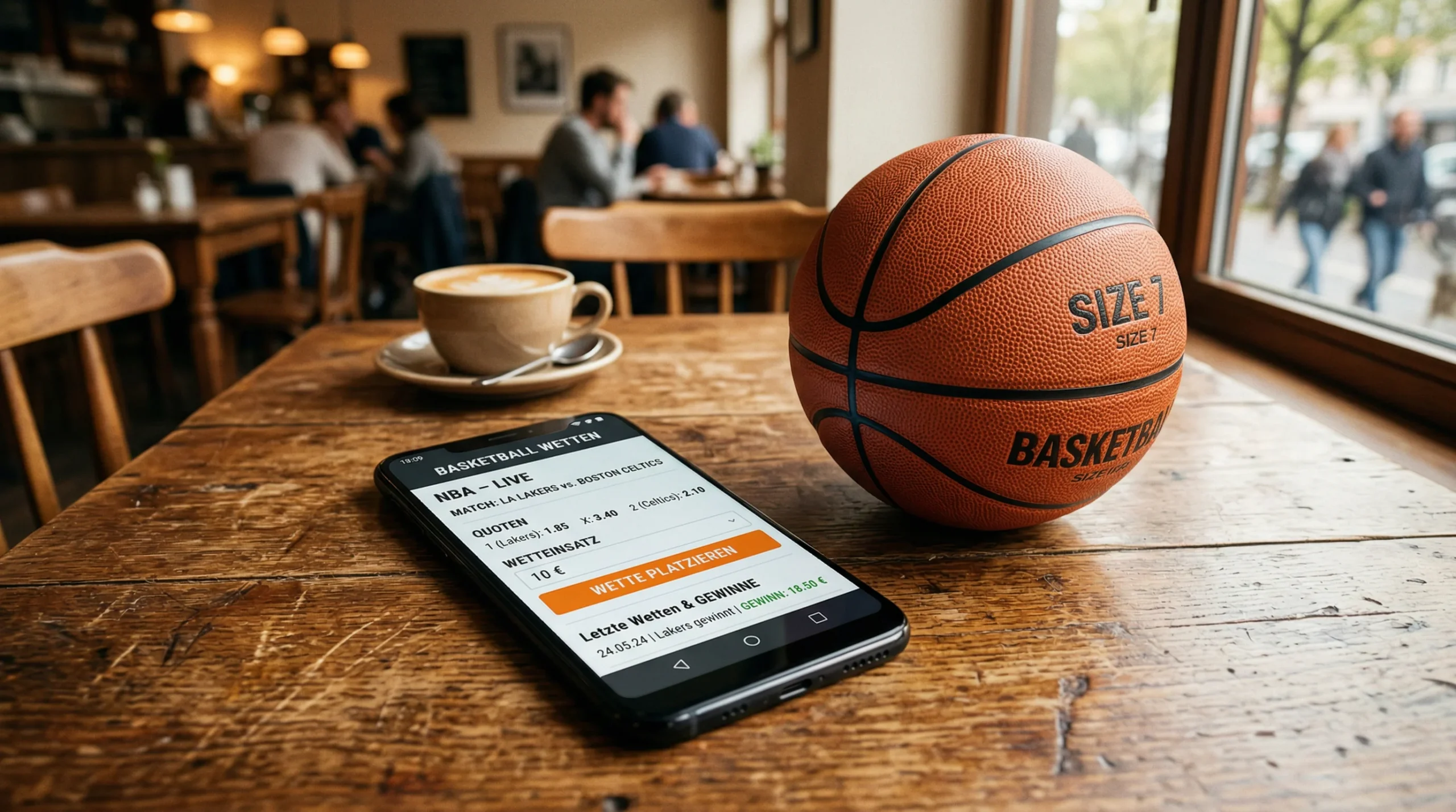 Bild eines Basketballs und eines Smartphones auf einem Tisch