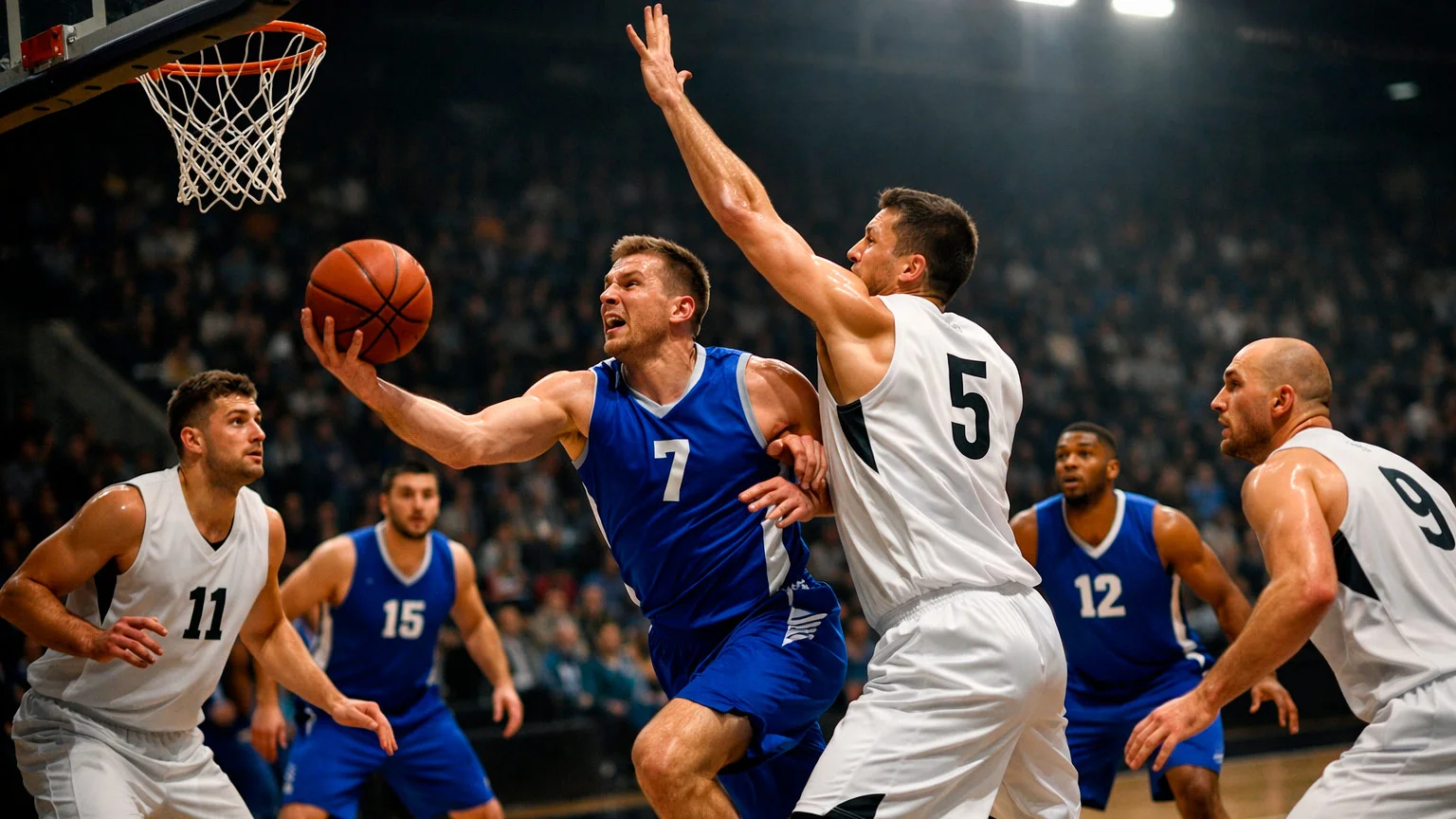 Zwei Basketballmannschaften im Duell auf dem Spielfeld