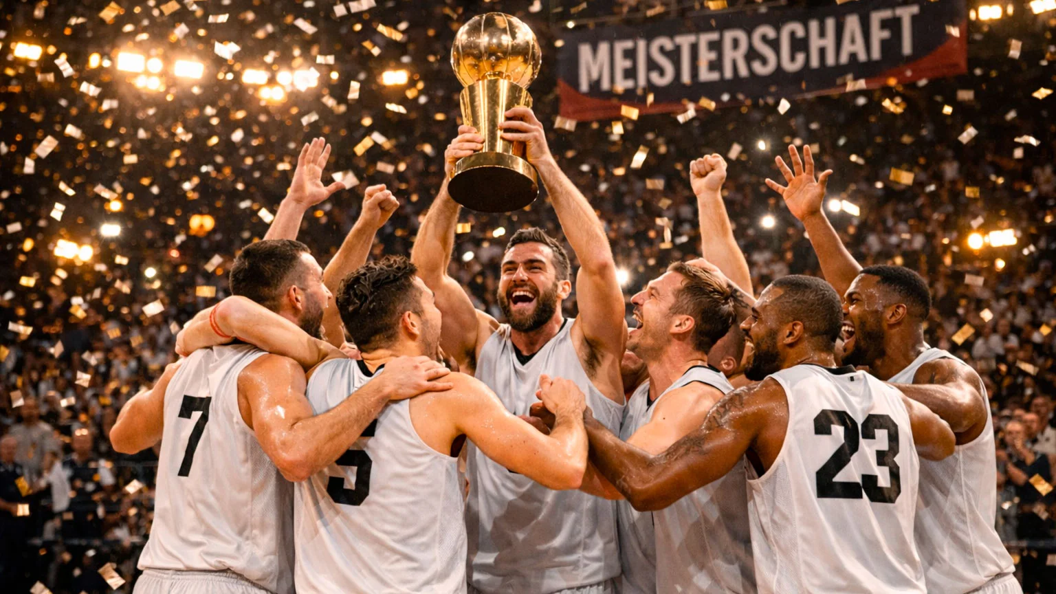 Basketballmannschaft feiert einen Meistertitel mit Pokal