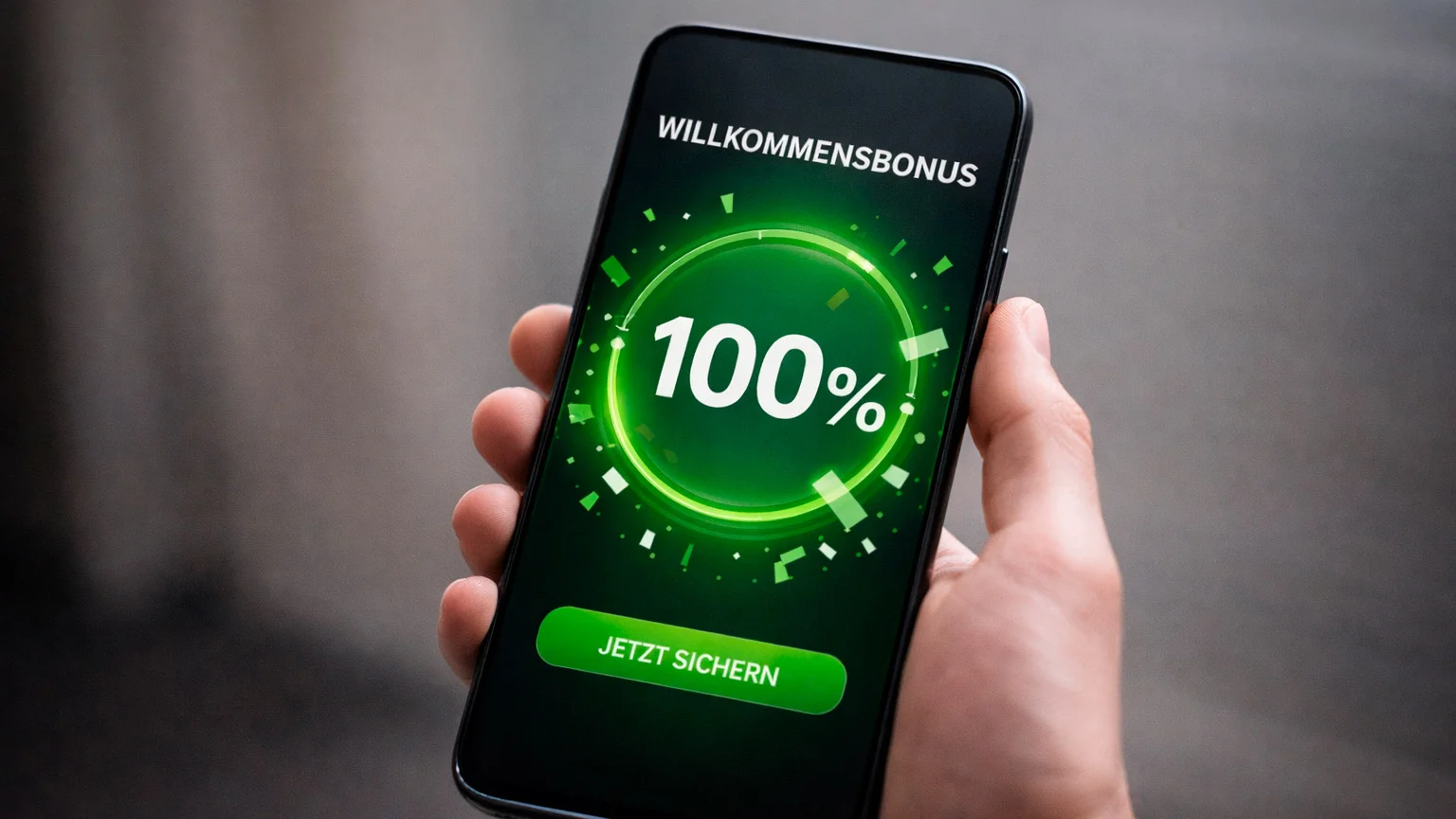Hand hält Smartphone mit Willkommensangebot auf dem Bildschirm