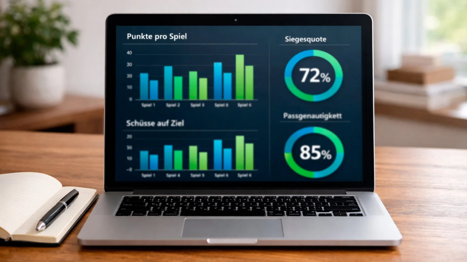 Laptop-Bildschirm zeigt Sportstatistiken und Analyse