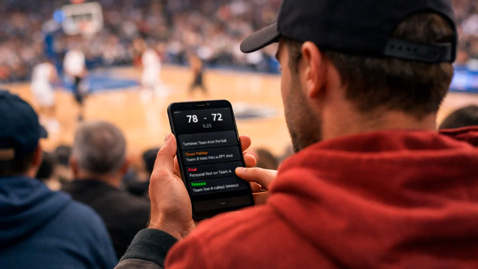 Person nutzt App während eines Basketballspiels im Stadion