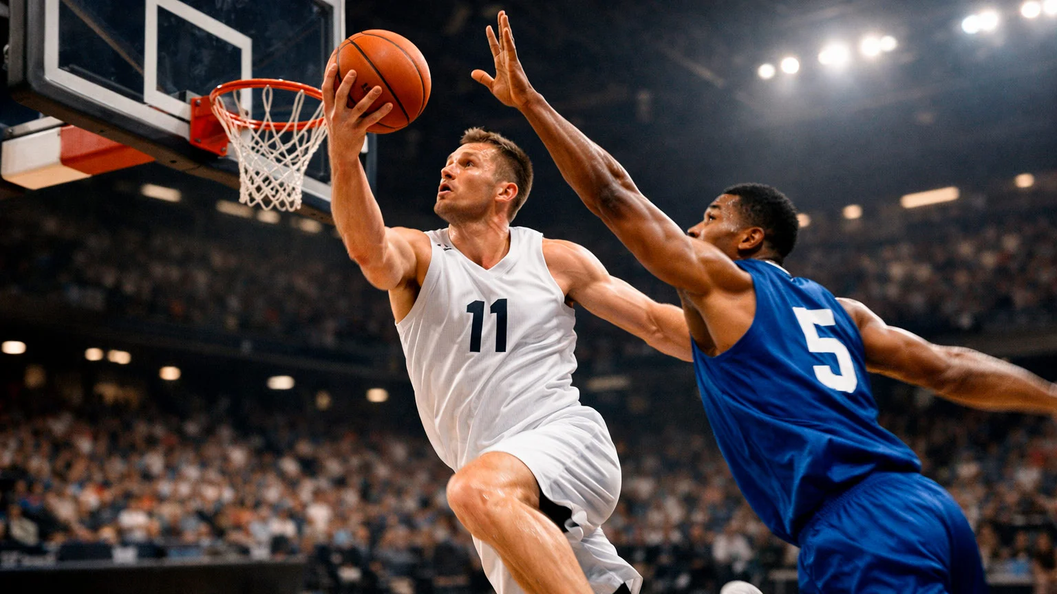 Basketballspieler im Sprung zum Korb während eines Spiels