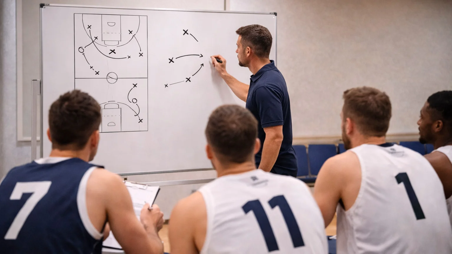 Trainer bespricht Taktik mit Basketballmannschaft