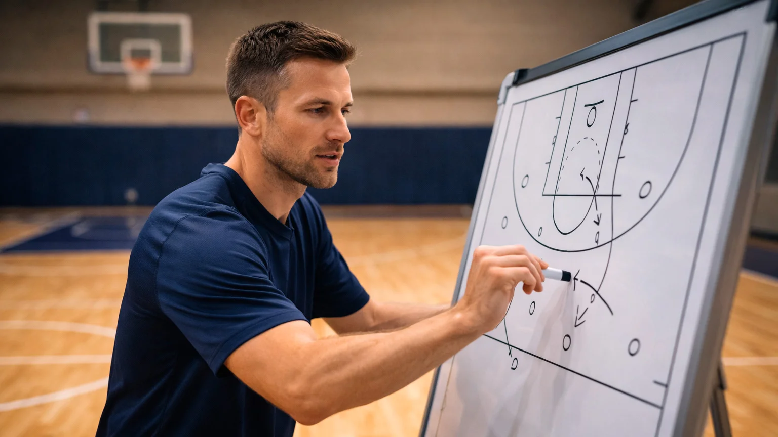 Coach mit Taktiktafel erklärt Basketball-Spielstrategie